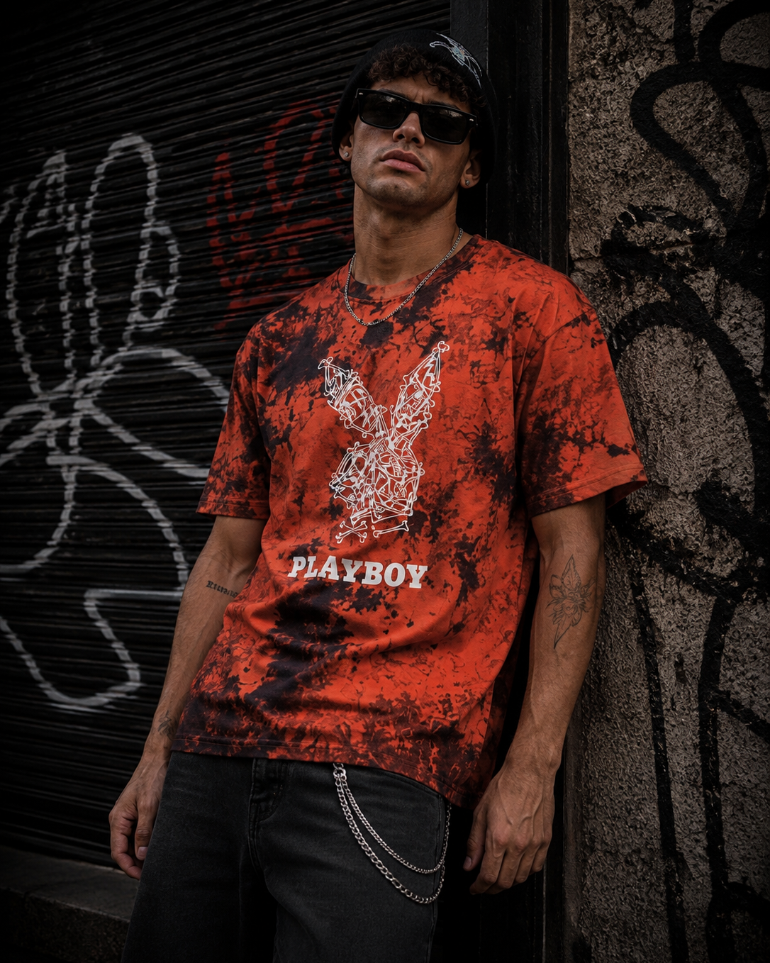 Playboy Skeleton Rabbit Head T-Shirt - Orange black tie dye