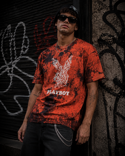 Playboy Skeleton Rabbit Head T-Shirt - Orange black tie dye