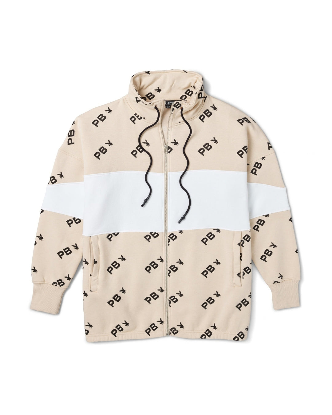 Playboy Women's All Over Print Color Block Zip Sweatshirt - Stone