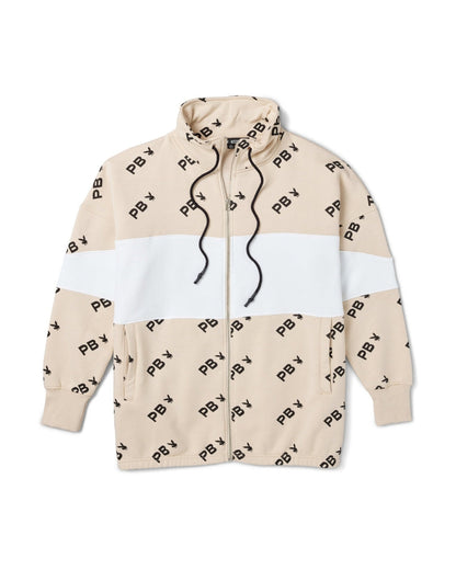 Playboy Women's All Over Print Color Block Zip Sweatshirt - Stone