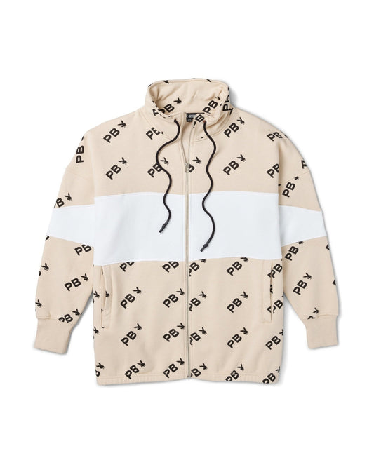 Playboy Women's All Over Print Color Block Zip Sweatshirt - Stone