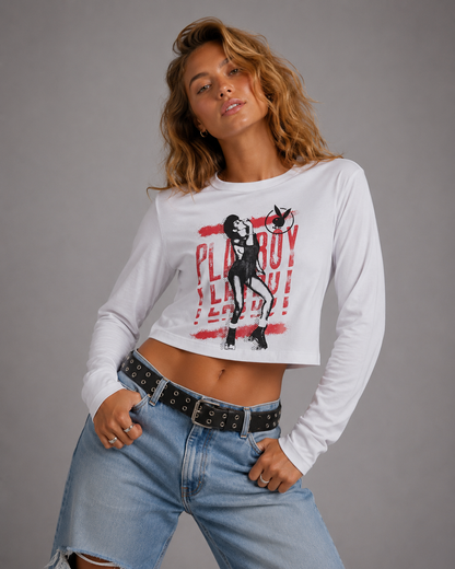 Playboy WOMEN'S ROLLER CROP L/S TEE - White