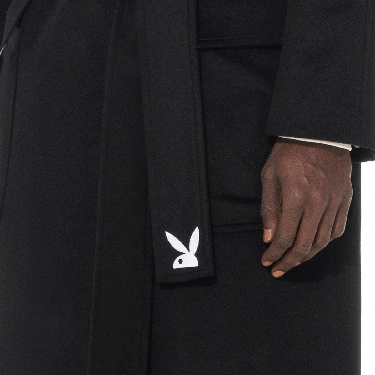 Playboy Belted Long Wool Robe Coat - Black