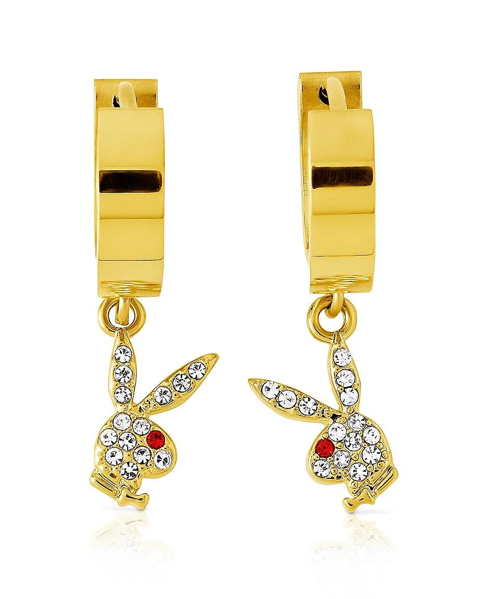 Playboy Bunny Huggie Hoop and Dangling Charm Earring - Gold