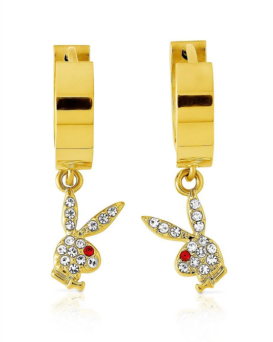 Playboy Bunny Huggie Hoop and Dangling Charm Earring - Gold