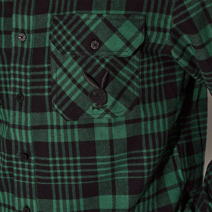 Playboy Men's Green Flannel Long Sleeve Shirt - Green Plaid