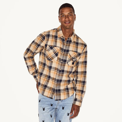 Playboy Men's Tan Flannel Long Sleeve Shirt - Tan plaid