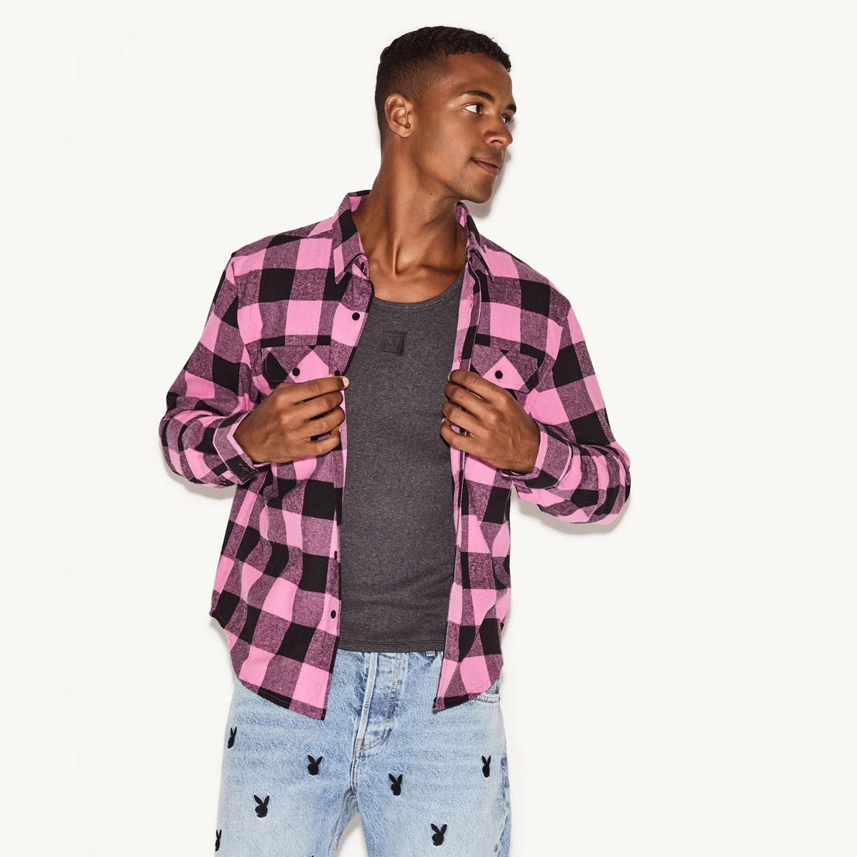 Playboy Men's Pink Flannel Long Sleeve Shirt - Pink Plaid