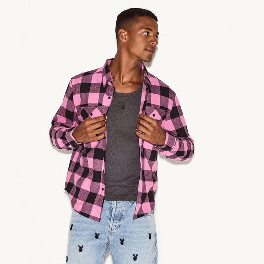 Playboy Men's Pink Flannel Long Sleeve Shirt - Pink Plaid