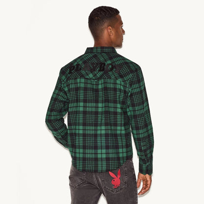 Playboy Men's Green Flannel Long Sleeve Shirt - Green Plaid