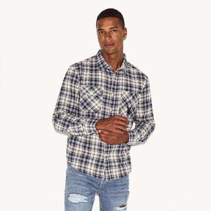 Playboy Men's Flannel Long Sleeve Shirt - White Plaid