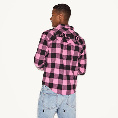 Playboy Men's Pink Flannel Long Sleeve Shirt - Pink Plaid
