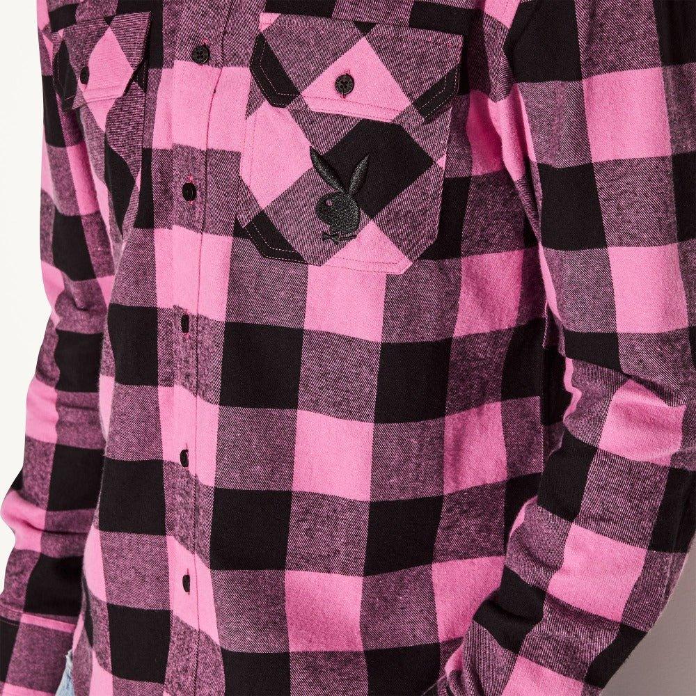Playboy Men's Pink Flannel Long Sleeve Shirt - Pink Plaid