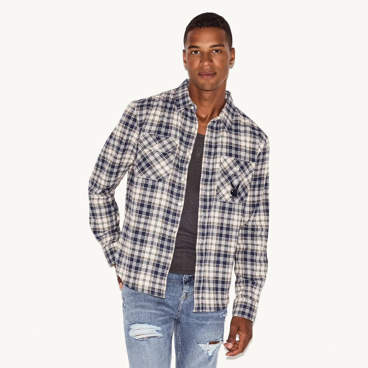 Playboy Men's Flannel Long Sleeve Shirt - White Plaid