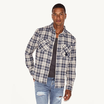 Playboy Men's Flannel Long Sleeve Shirt - White Plaid