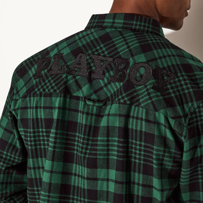 Playboy Men's Green Flannel Long Sleeve Shirt - Green Plaid
