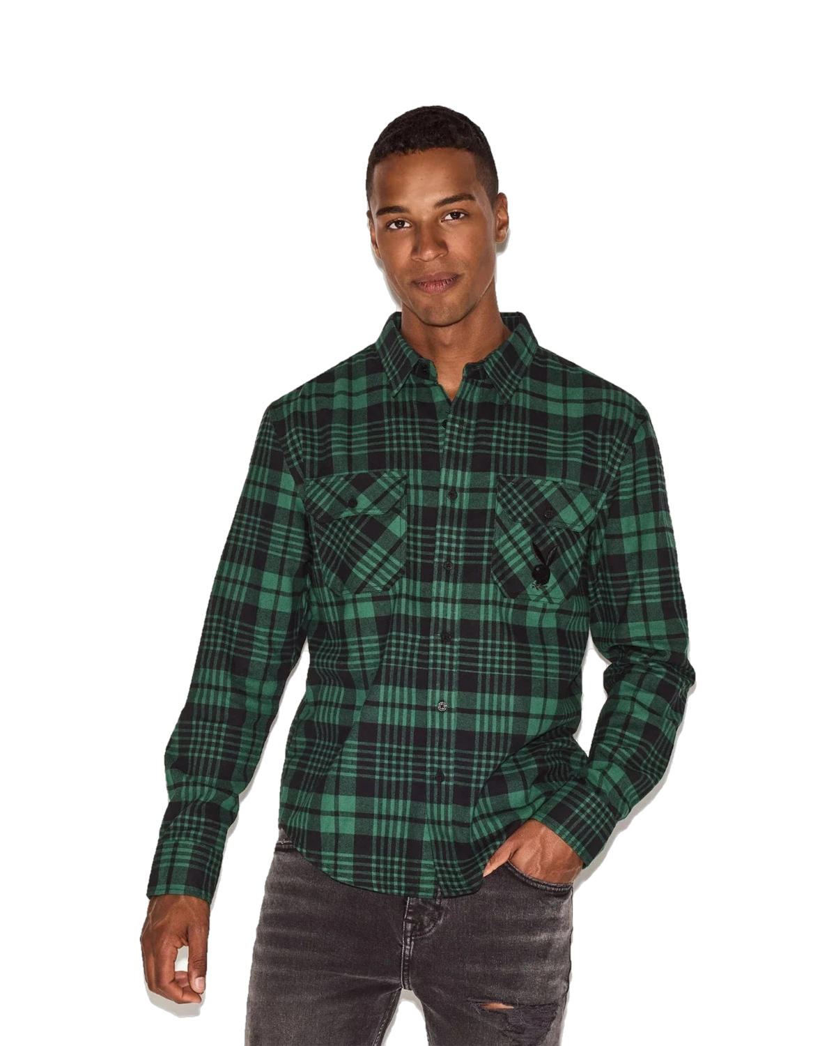 Playboy Men's Green Flannel Long Sleeve Shirt - Green Plaid