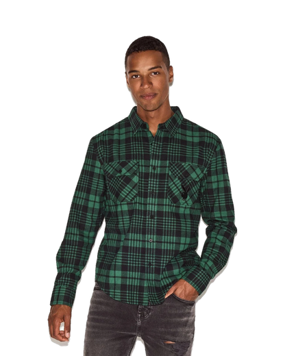 Playboy Men's Green Flannel Long Sleeve Shirt - Green Plaid