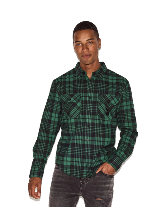 Playboy Men's Green Flannel Long Sleeve Shirt - Green Plaid