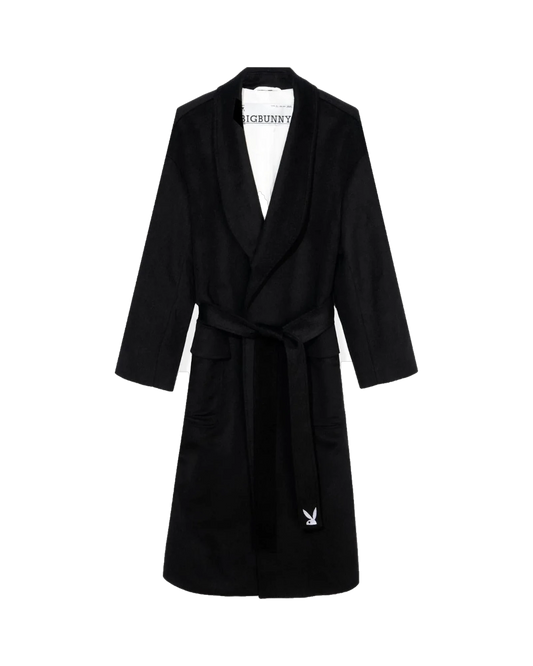 Playboy Belted Long Wool Robe Coat - Black