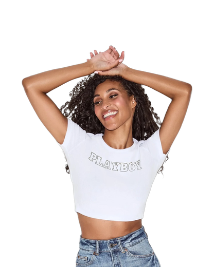 Playboy Classic Rhinestone Masthead Baby Tee - White