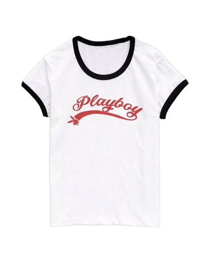 Playboy Script Baby Ringer Tee - White