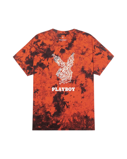 Playboy Skeleton Rabbit Head T-Shirt - Orange black tie dye