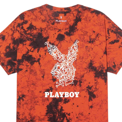 Playboy Skeleton Rabbit Head T-Shirt - Orange black tie dye