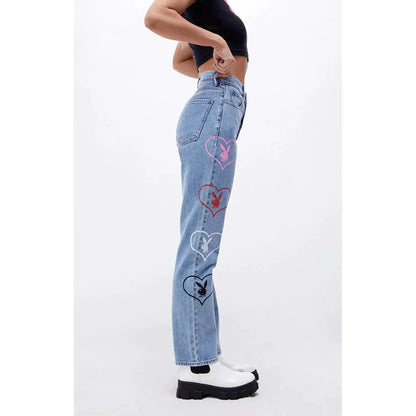 Playboy Women's Baggy Bunny Heart Denim Pants Amore