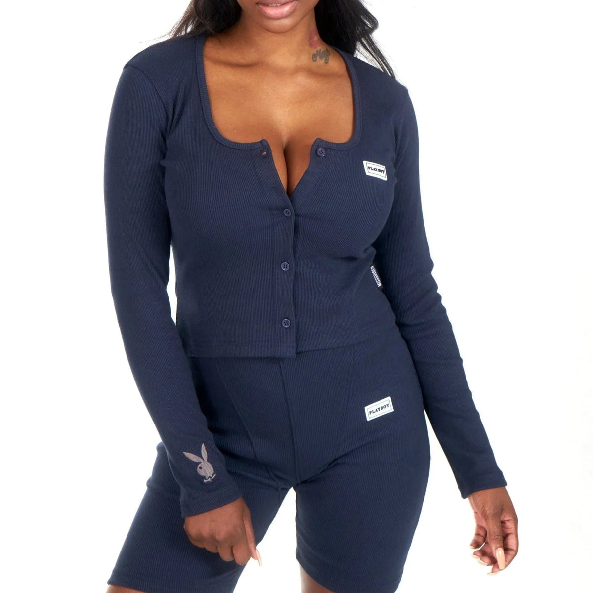 Playboy Women's Lounge Rib LS Top and Short Set
