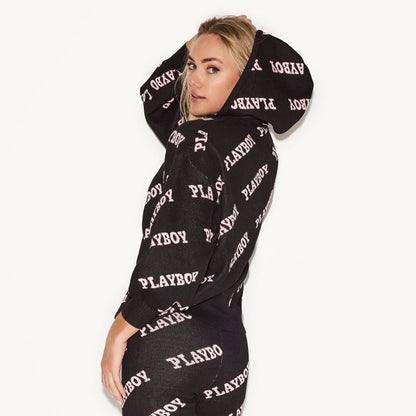 Playboy Women's Playboy Masthead Intarsia Knit Hoodie - Black