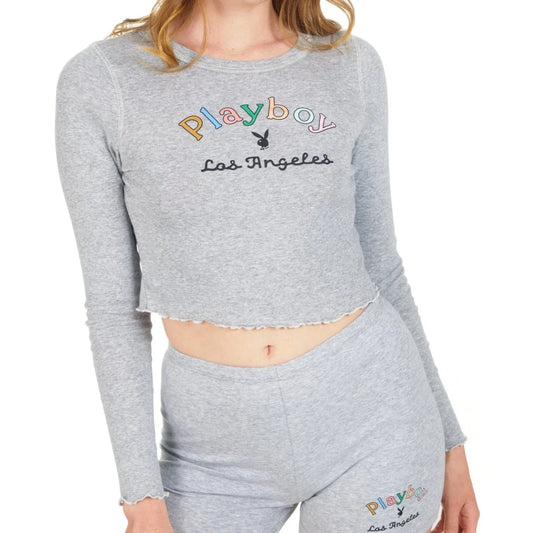Playboy Women's Rainbow Masthead Long Sleeve Top - Heather Grey